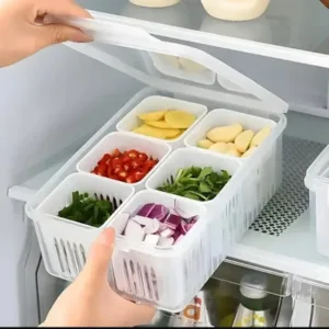 Fridge Storage Box, 6 Grid Refrigerator Storage Containers, Kitchen Storage Set, Vegetable Storage, Draining Crisper Food Box